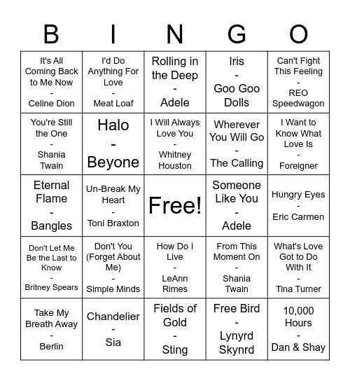 Power Ballads Bingo Card