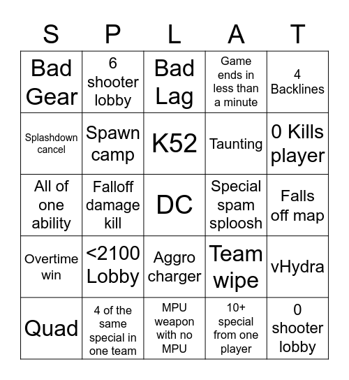 Splatoon 2 solo Q bingo Card