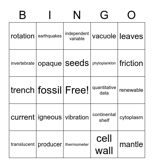 Science Words 2 Bingo Card