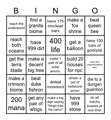 Terraria Bingo Card