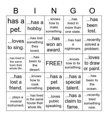 Meeting People Bingo Card