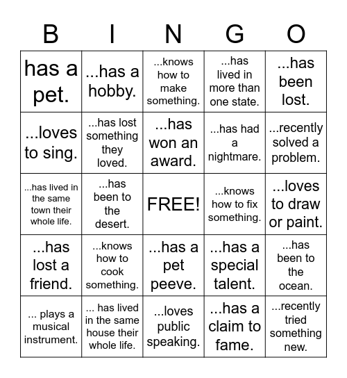 Meeting People Bingo Card