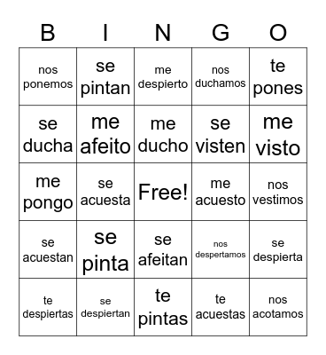 Reflexive verbs bingo Card