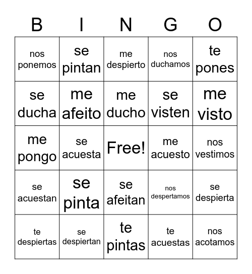 Reflexive verbs bingo Card