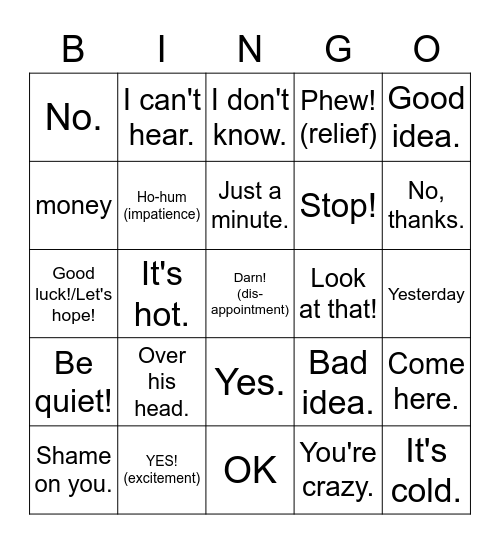 Gestures Bingo Card