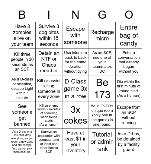 SCP SL Bingo Card