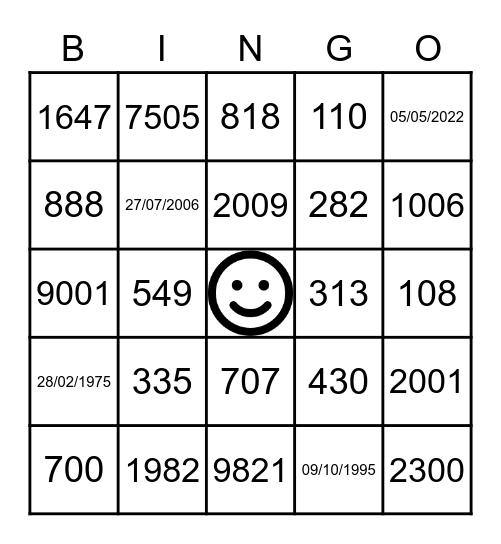 Números & Datas Bingo Card