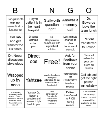 Wards Bingo Card