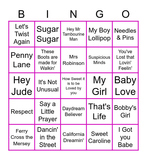 1960's Greatest Hits Bingo Card