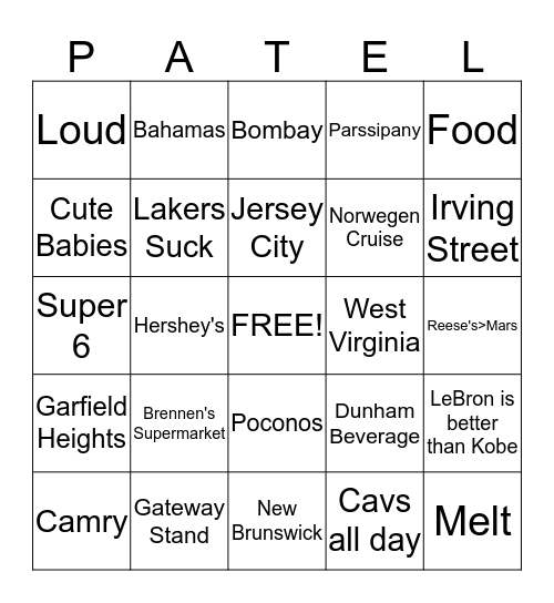 Family Bingo Card