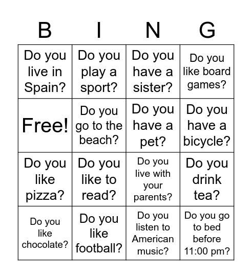 Simple Present Tense Bingo Card