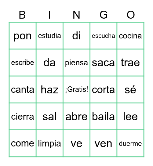 Affirmative Tú Commands Bingo Card