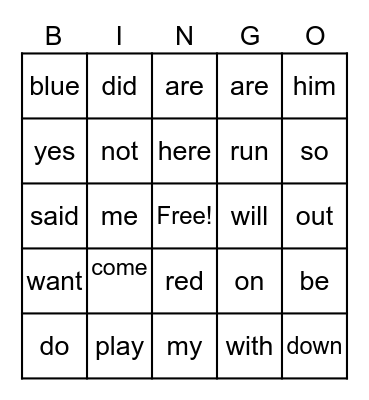 List 3 Sight Words Bingo Card