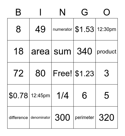 3rd Grade Math Review Bingo Card