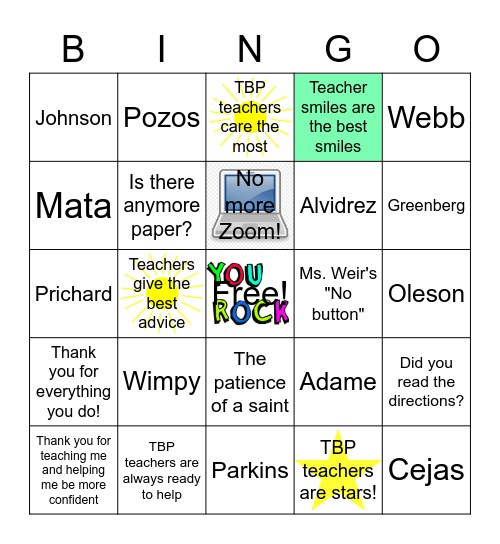TBP Appreciates It's Teachers! Bingo Card