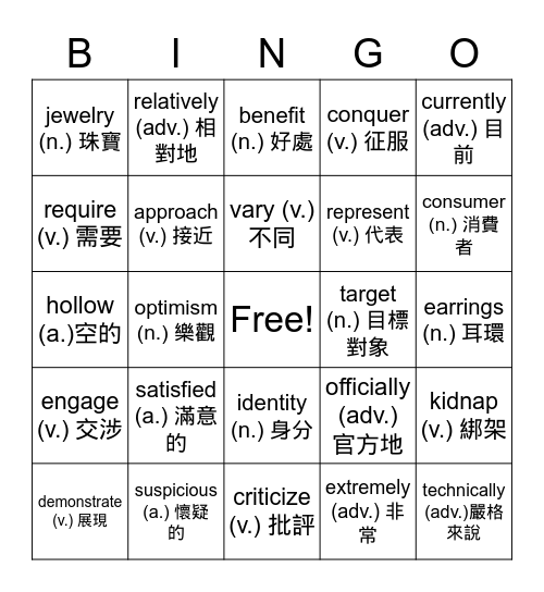 第二次段考難字複習 (其實也沒有很難) Bingo Card