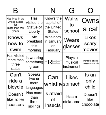 Get to Know Your Classmates Bingo Card