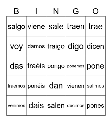Irregular Spanish Verbs - YO FORM Bingo Card