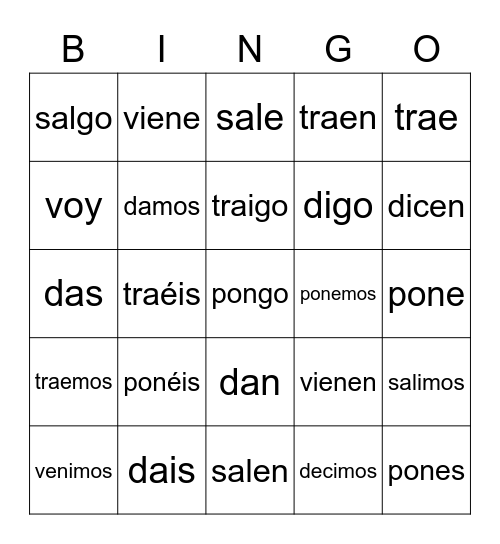 Irregular Spanish Verbs - YO FORM Bingo Card