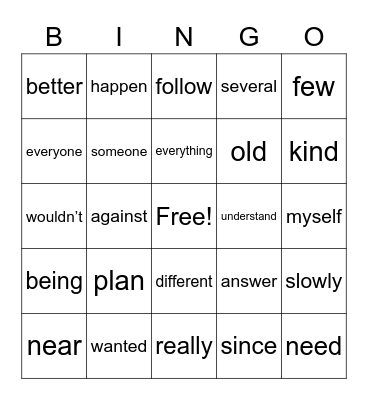 Sight Words Bingo Card