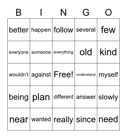 Sight Words Bingo Card