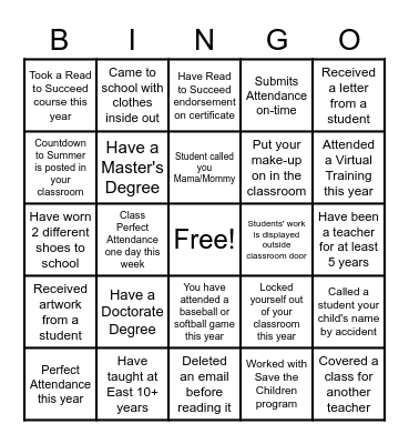 TEACH Bingo Card