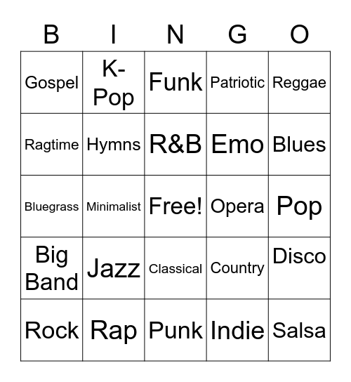 Music Genres Bingo Card