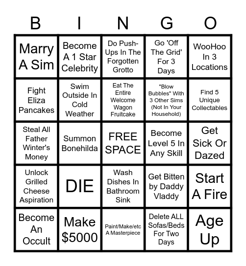 The Sims 4 BINGO! Bingo Card