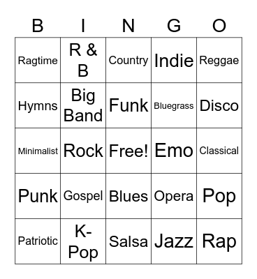 Genres of Music Bingo Card