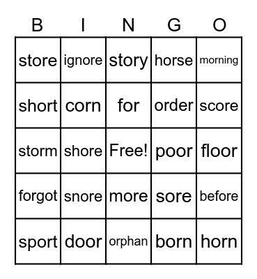 Word Part:  or Bingo Card