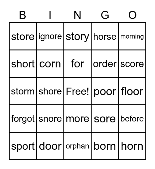 Word Part:  or Bingo Card