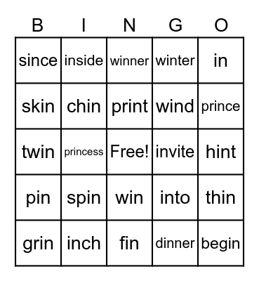 Word Part:  in Bingo Card