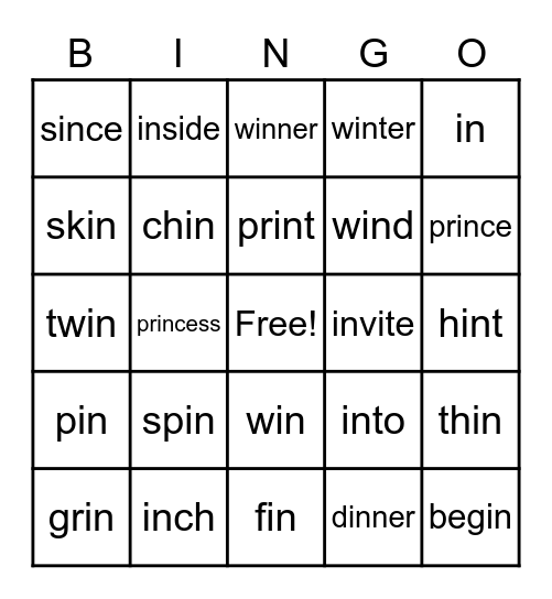 Word Part:  in Bingo Card