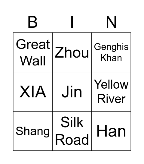 Ancient China Bingo Card