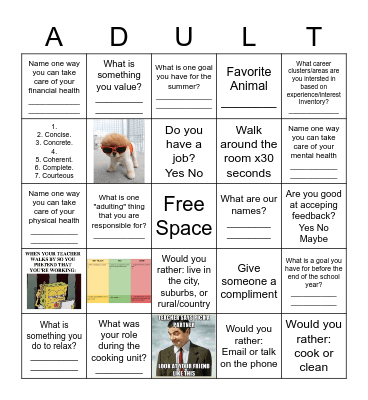 Adulting BINGO Card