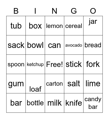 Food Bingo Card