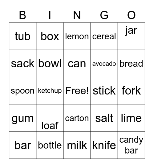 Food Bingo Card