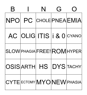 MEDICAL TERMINOLOGY Bingo Card