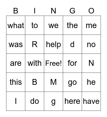 Sight Words and Letters Bingo Card