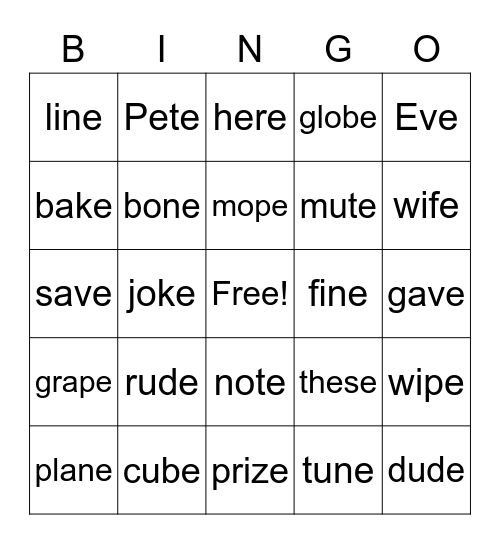 Silent e Bingo Card