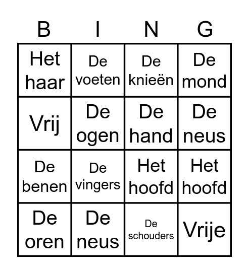 De delen van het lichaam Bingo Card