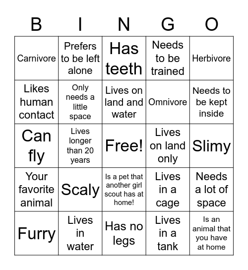 Pets Bingo Card