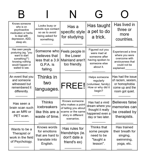 Psychology Bingo Card