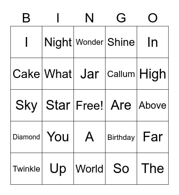 Twinkle Twinkle Little Star Bingo Card