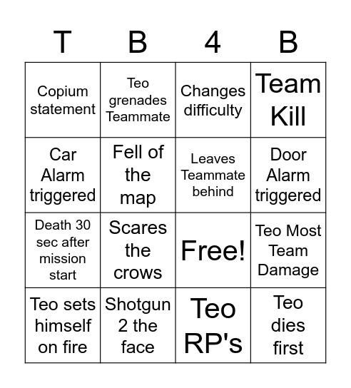 Teo Back4Blood Bingo Card