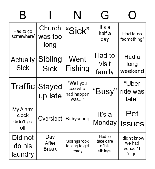 Cris’s Absent Excuse Bingo Card