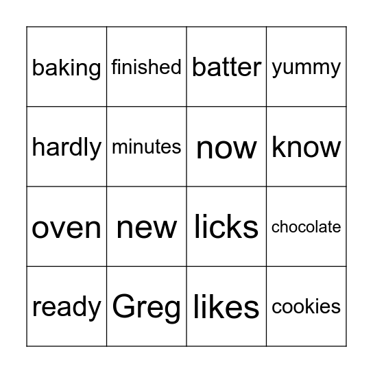 Making Cookies Bingo Card