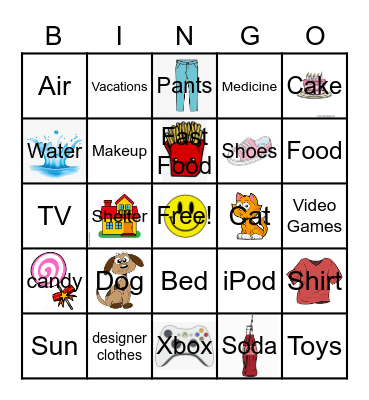 Needs Vs. Wants Bingo Card