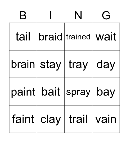 ai and ay words Bingo Card