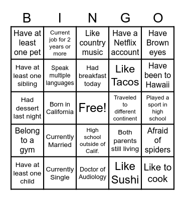 Getting To Know You Bingo Card